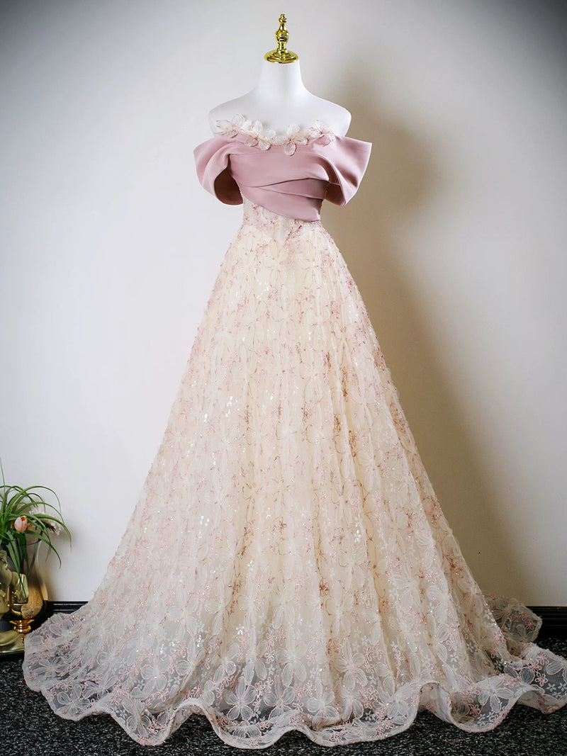 A-Line Off Shoulder Tulle Lace Champagne Long Prom Dress, Champagne Long Formal Dress