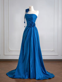 A-Line Sweep Train Taffeta Blue Long Prom Dress With Flower