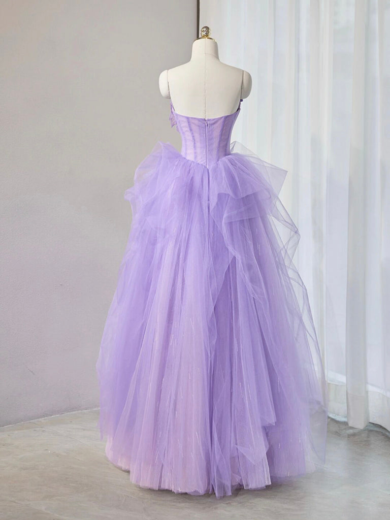 Purple Sweetheart Neck Tulle Applique Long Prom Dress, Purple Long Sweet 16 Dress