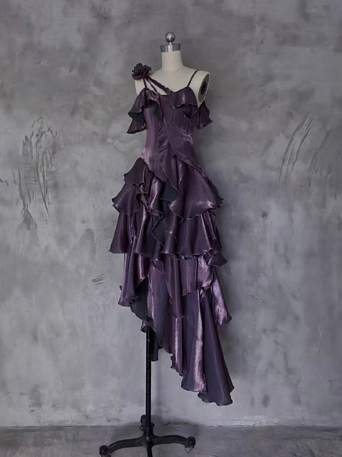 A-line Off Shoulder Silk Irregular Ruffles Purple Prom Dress