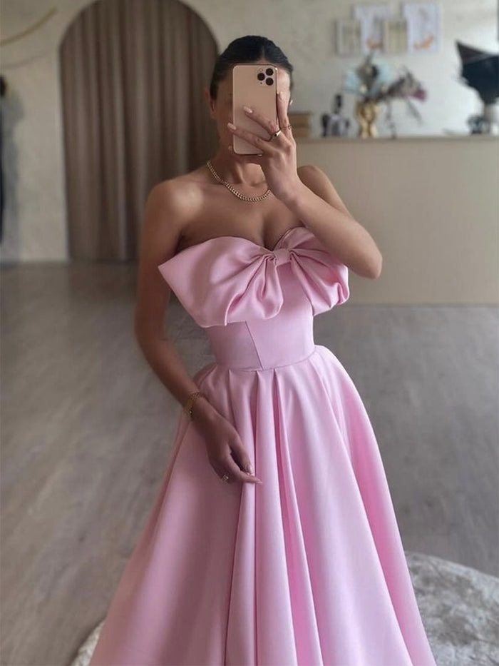 A-Line Pink Satin Long Prom Dress, Pink Long Formal Dress