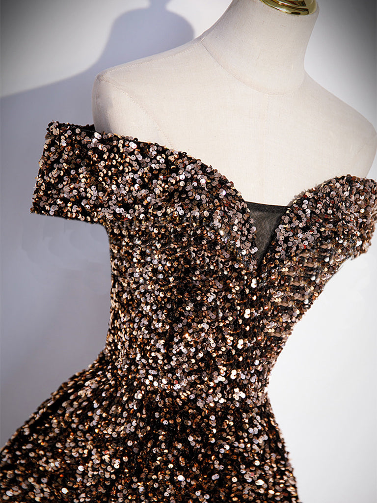 A-Line Off Shoulder Coffee Gold Sequin Long Prom Dress, Coffee Gold Formal Dress