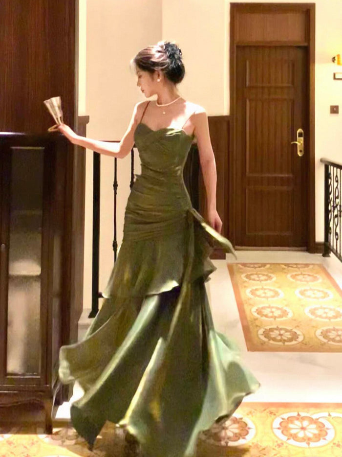 Mermaid Sweetheart Floor Length Silk Green Party Prom Dress