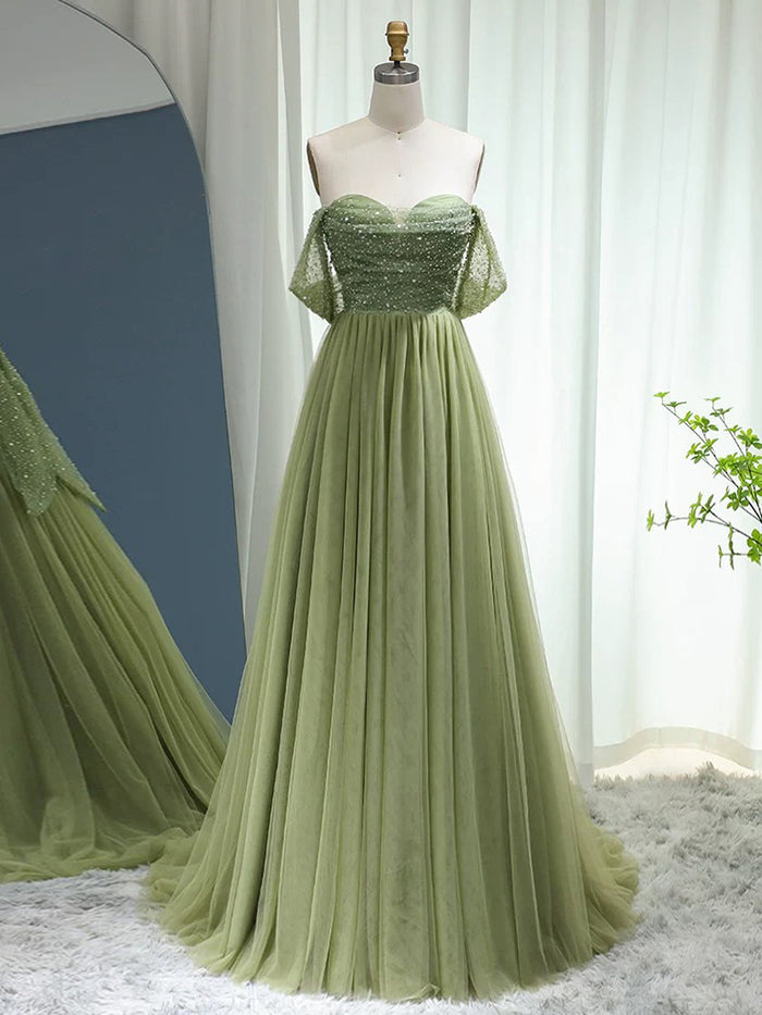 A-Line Off Shoulder Tulle Sequin Green Long Prom Dress, Green Long Formal Dress
