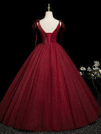 A-Line V Neck Sequin Tulle Burgundy Long Prom Dress, Burgundy Long Formal Dress