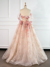 A-Line Tulle Applique Light Champagne Long Prom Dress, Light Champagne Formal Dress