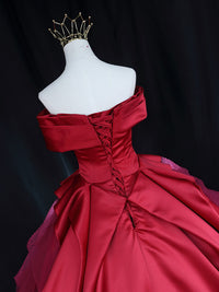 Red Off Shoulder Satin Tulle Long Prom Gown, Red Long Evening Gown