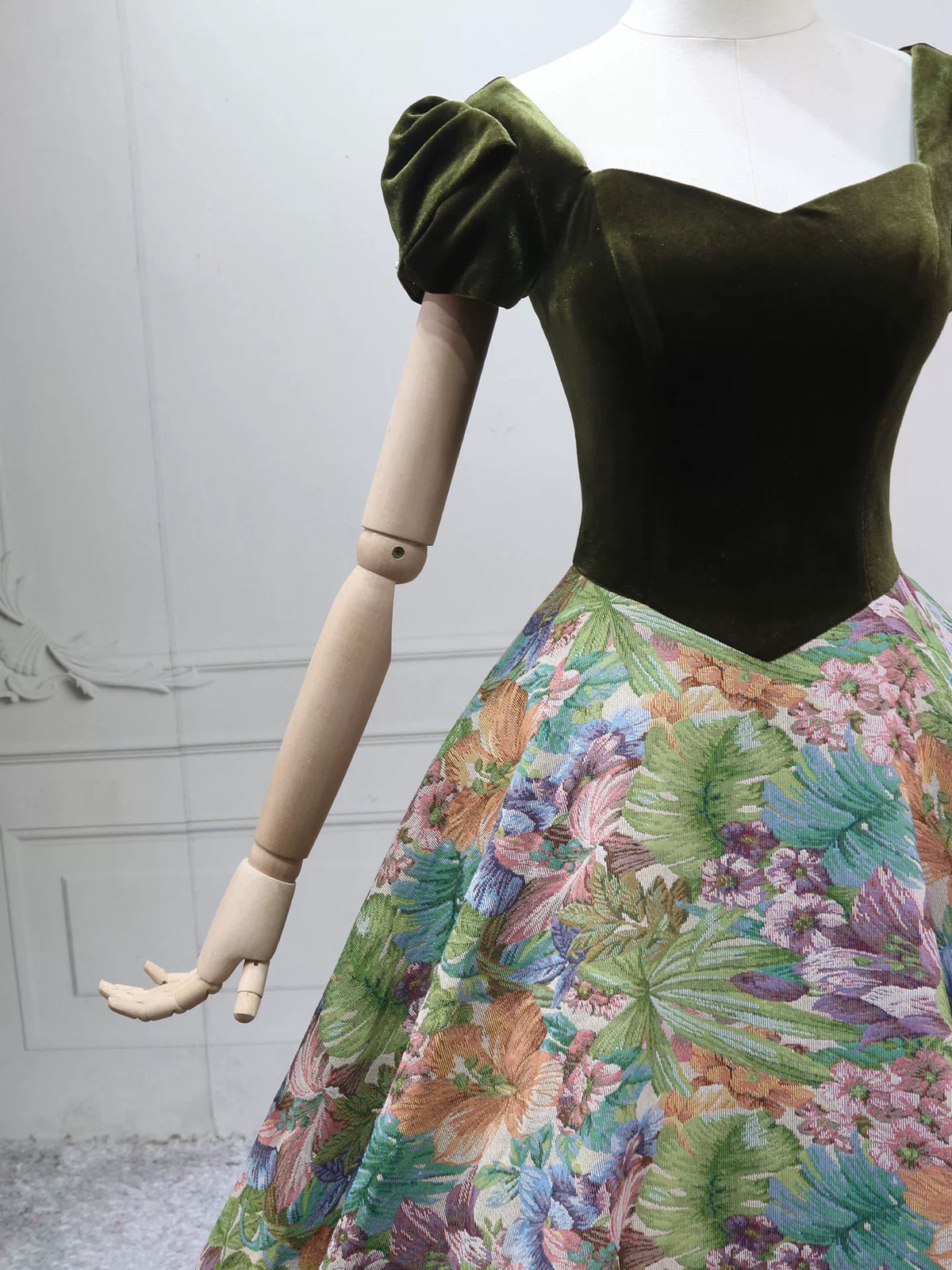 A-Line Short Sleeves Green Long Prom Dress, Printed Satin Green Long Evening Dress