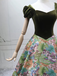 A-Line Short Sleeves Green Long Prom Dress, Printed Satin Green Long Evening Dress