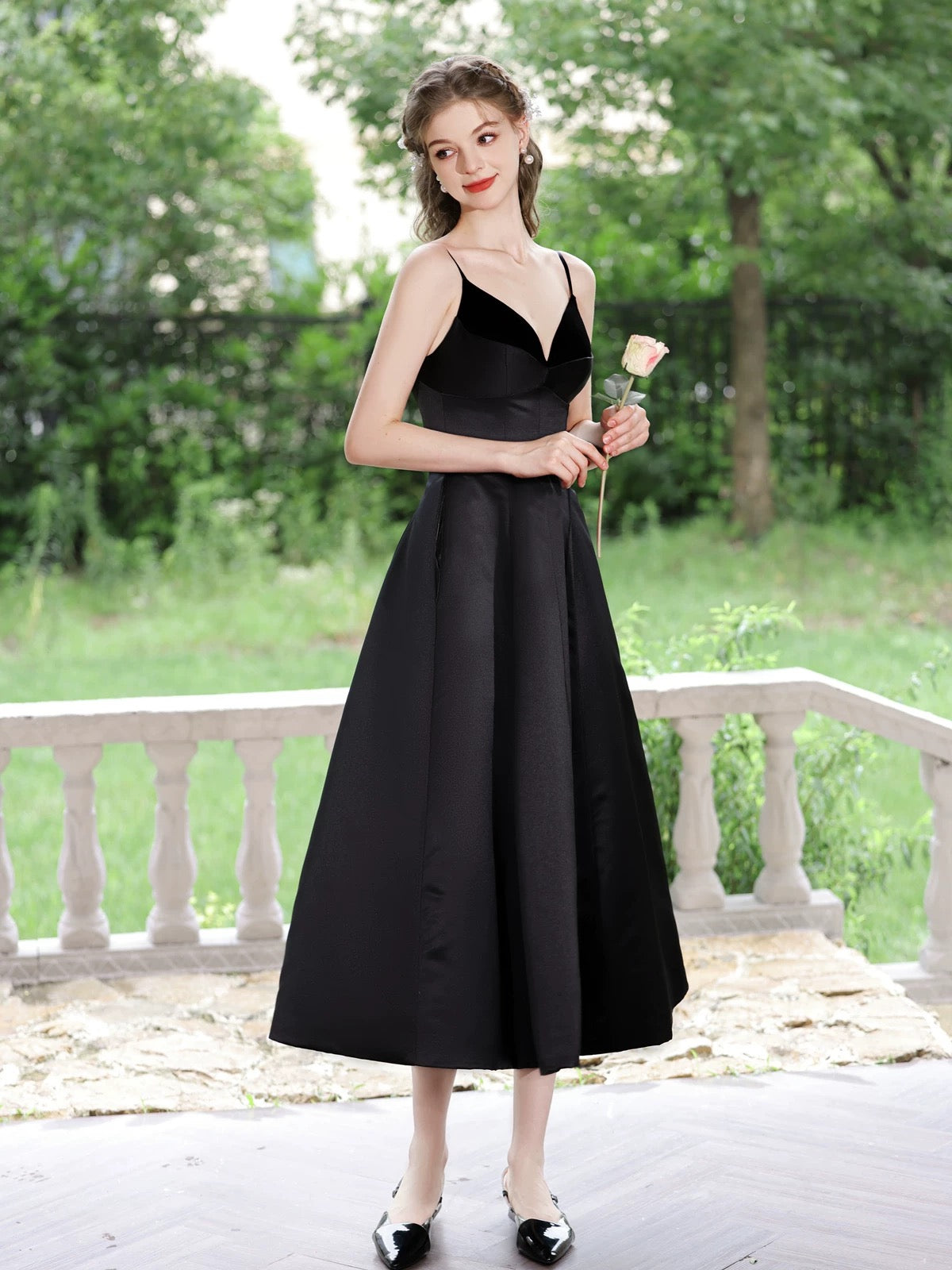 A-Line V Neck Satin Black Prom Dress, Black Formal Dress toptby A-Line V Neck Satin Black Prom Dress, Black Formal Dress toptby