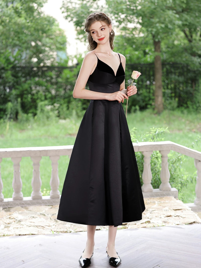 A-Line V Neck Satin Black Prom Dress, Black Formal Dress