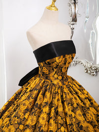 A-Line Yellow Satin Lace Long Prom Dress, Yellow Long Evening Dress