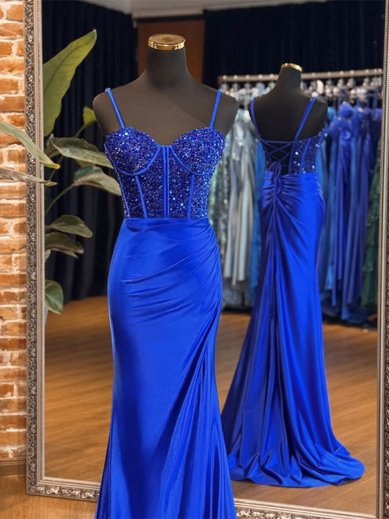 A-Line Sweetheart Neck Tulle Sequin Blue Long Prom Dress, Blue Long Formal Dress