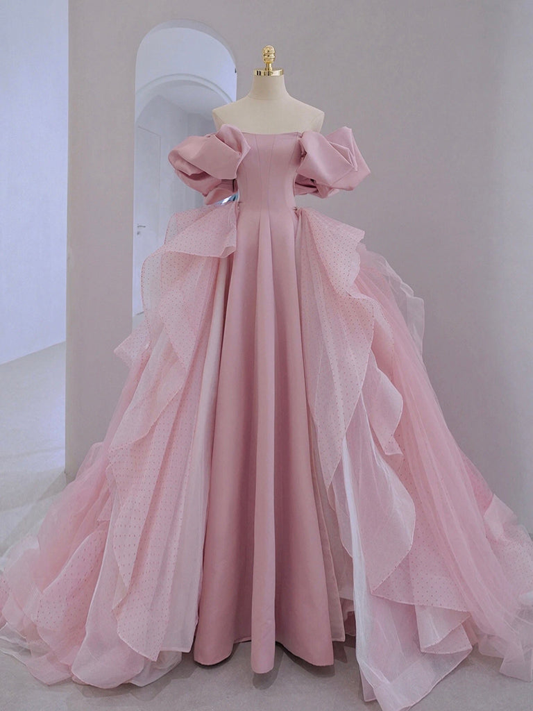 A-Line Satin Tulle Pink Long Prom Dress, Pink Long Evening Dress