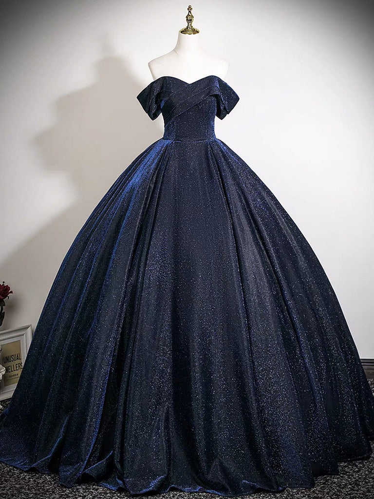 A-Line Off Shoulder Dark Blue Long Prom Dress, Dark Blue Long Formal D
