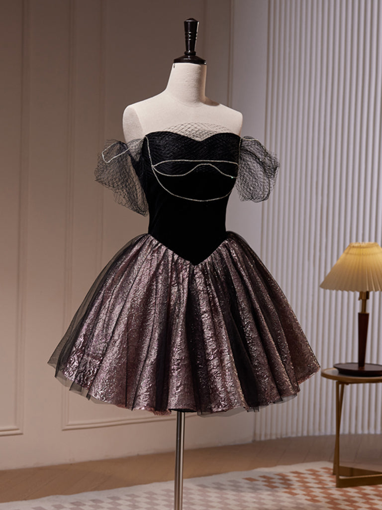 Black Mini Short Prom Dress, Sweetheart Neck Black Cute Homecoming Dress