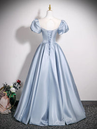 A-Line Puff Sleeves Satin Blue Long Prom Dress, Blue Long Formal Dress