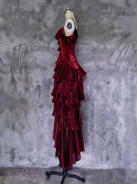 A-line Off Shoulder Silk Irregular Ruffles Burgundy Prom Dress