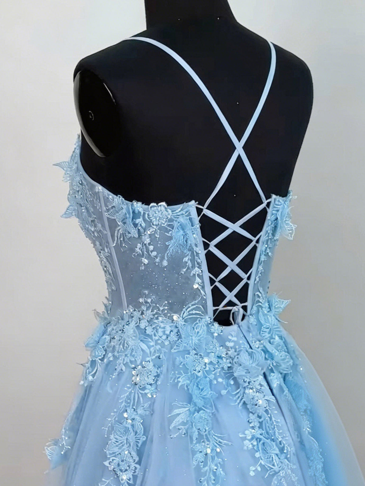 A-line Tulle Lace Floor Length Blue Prom Dress, Blue Formal Dress