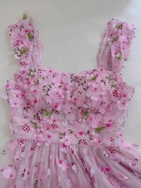 A-Line Tulle Lace Pink Long Prom Dress, Pink Long Party Dress