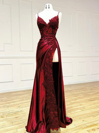 Mermaid V Neck Satin Lace Burgundy Long Prom Dress, Burgundy Long Formal Dress