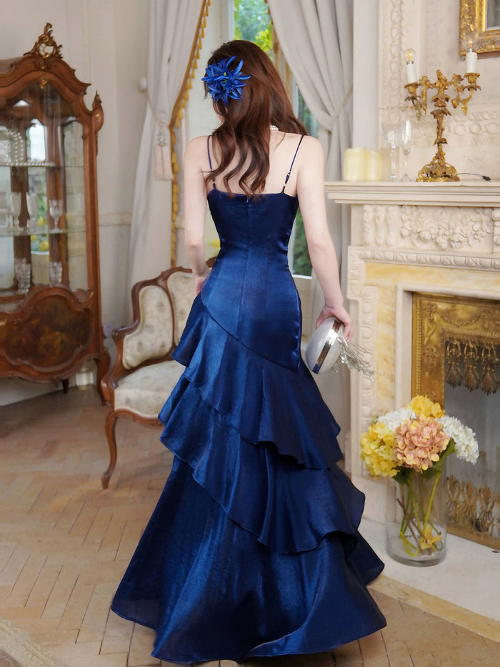 A-Line Satin Blue Long Prom Dress, Blue Long Evening Dress