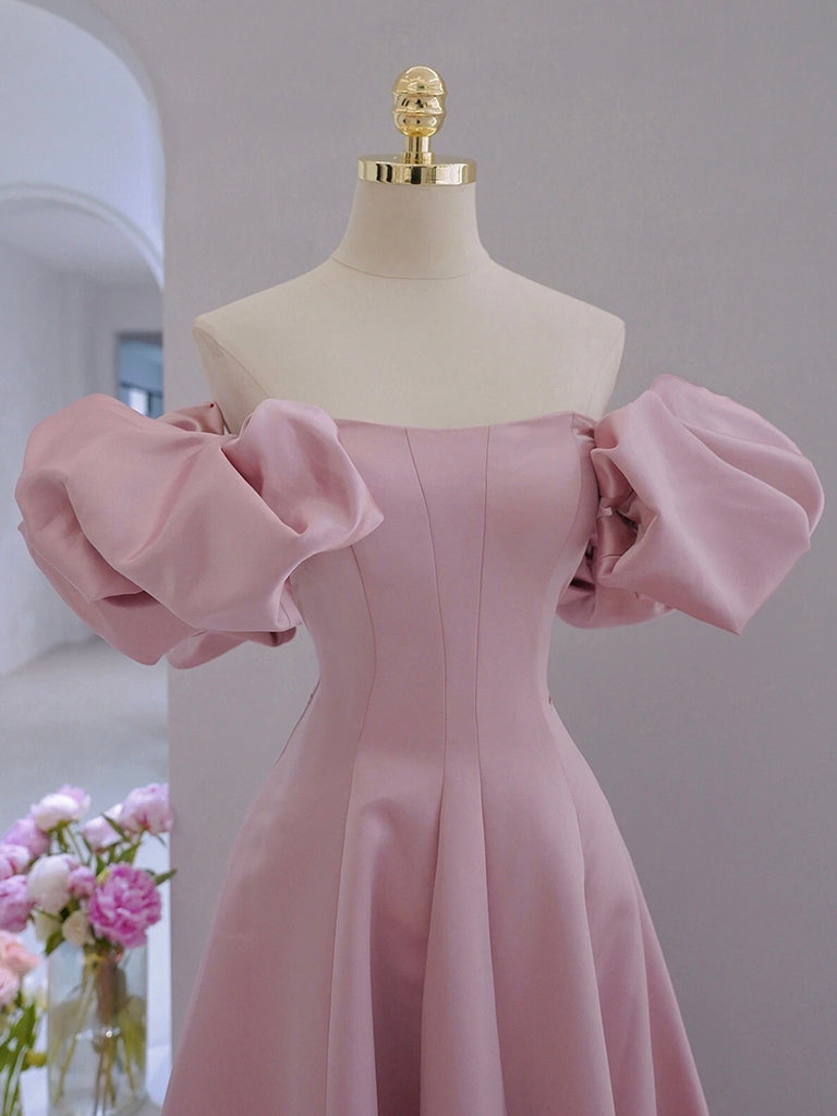 A-Line Satin Tulle Pink Long Prom Dress, Pink Long Evening Dress
