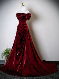A-Line Off Shoulder Satin Burgundy Long Prom Dress, Burgundy Long Party Dress