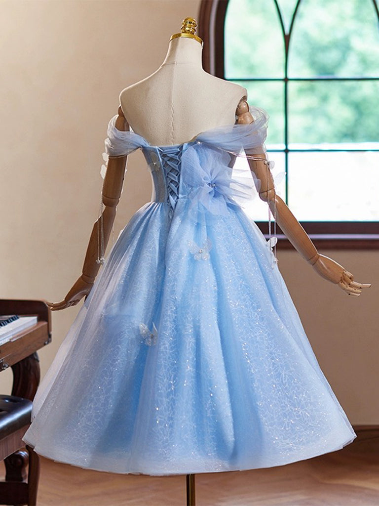A-Line Sweetheart Neck Off Shoulder Blue Short Prom Dress with Beads – toptby