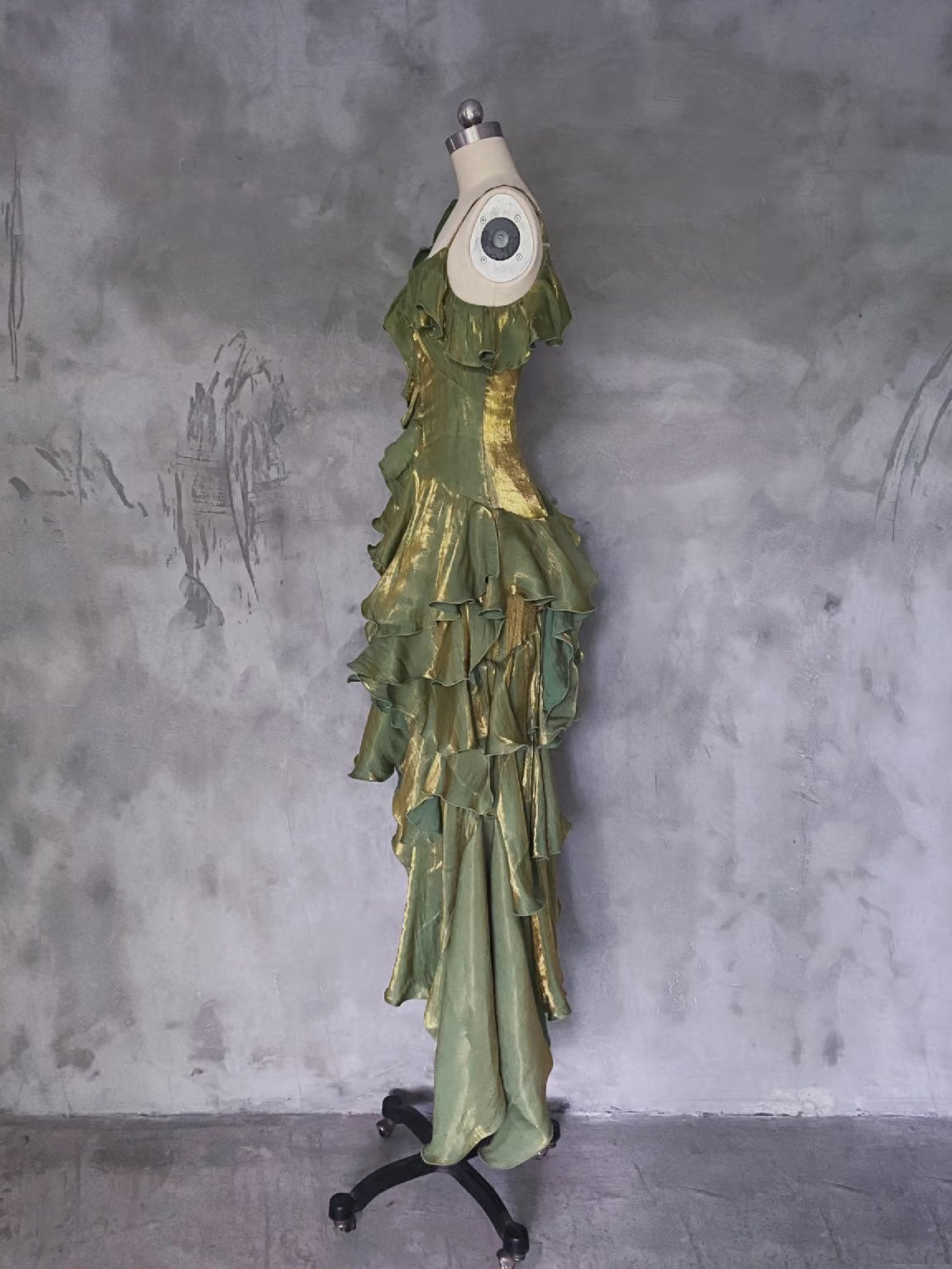 A-line Off Shoulder Silk Irregular Ruffles Green Prom Dress