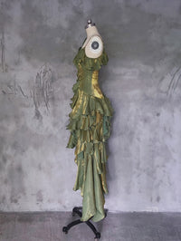 A-line Off Shoulder Silk Irregular Ruffles Green Prom Dress