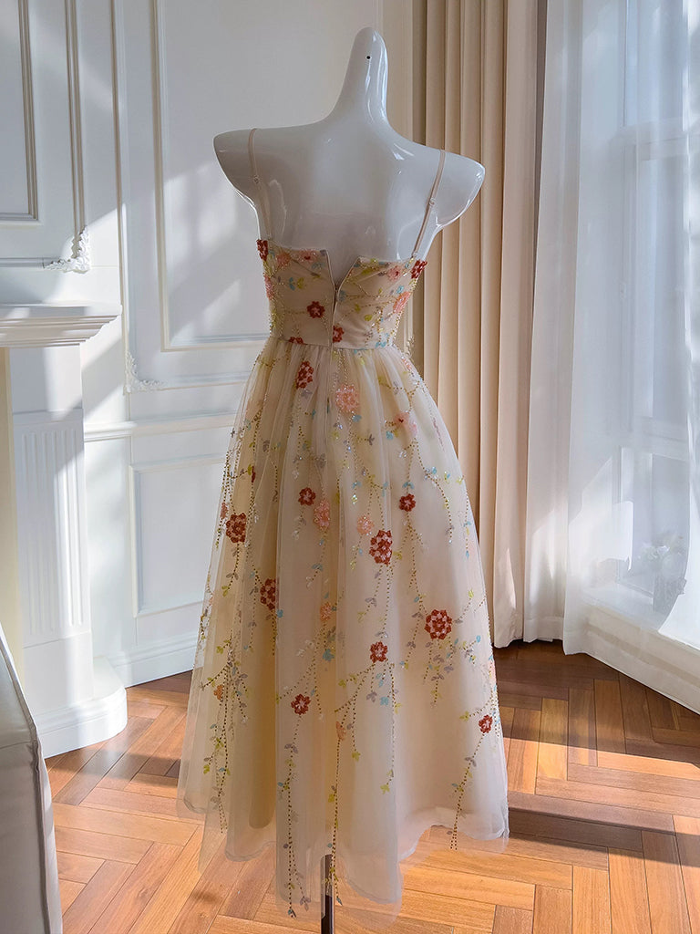 A-Line Tulle Sequin Beads Champagne Tea Length Prom Dress, Champagne Homecoming Dress A-Line Tulle Sequin Beads Champagne Tea Length Prom Dress, Champagne Homecoming Dress