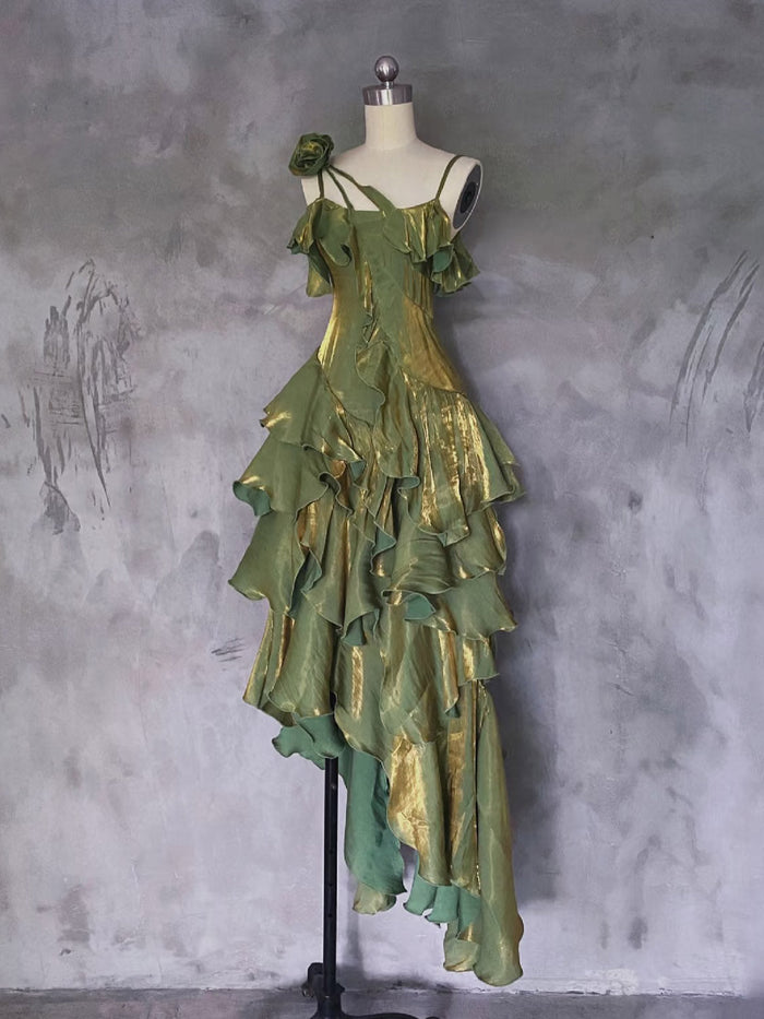 A-line Off Shoulder Silk Irregular Ruffles Green Prom Dress