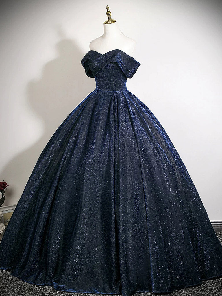 A-Line Off Shoulder Dark Blue Long Prom Dress, Dark Blue Long Formal Dress