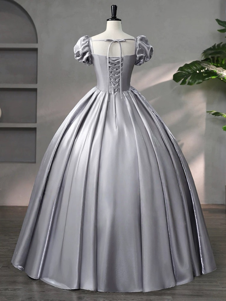 A-Line Puff Sleeves Satin Lace Gray Long Prom Dress