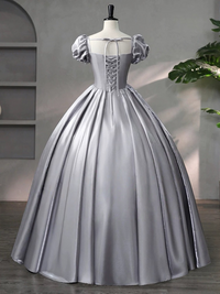 A-Line Puff Sleeves Satin Lace Gray Long Prom Dress