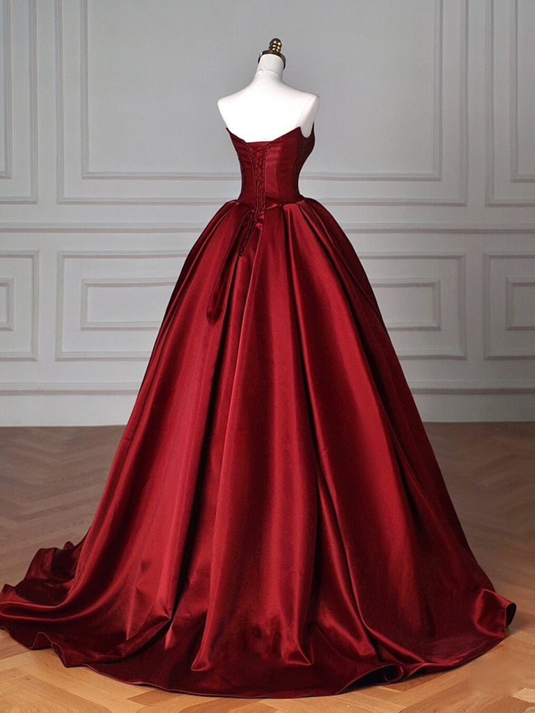 Simple A-Line Satin Burgundy Long Prom Dress, Burgundy Long Evening Dress