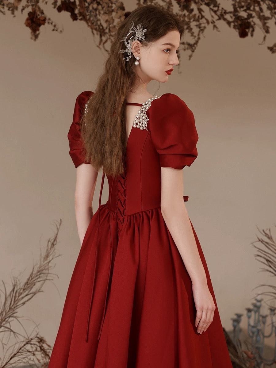 A-Line Satin Burgundy Long Prom Dress, puff sleeves Long Burgundy Form – toptby