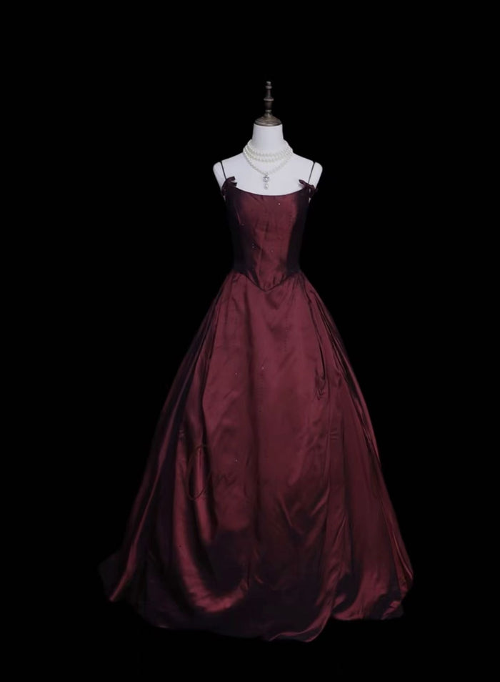 A-line Spoon Neck Satin Burgundy Long Prom Dress with Beds