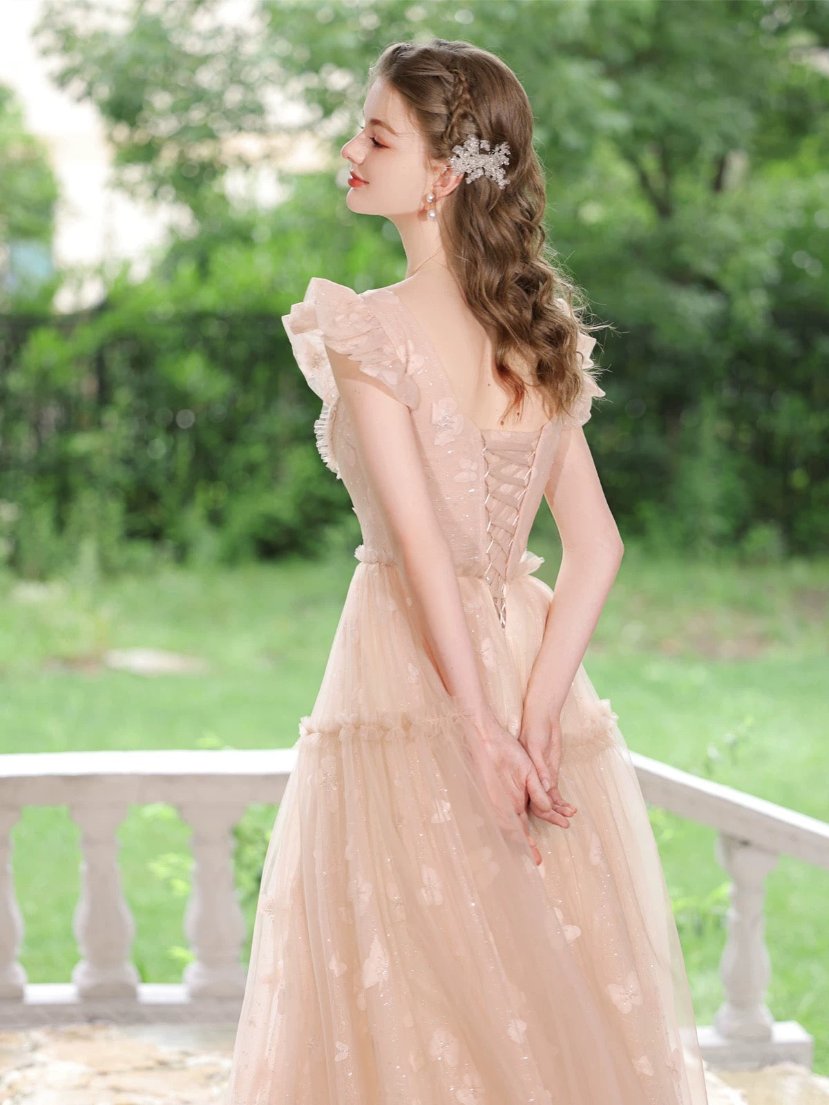 A-Line Tulle Lace Tea Length Pink Prom Dress, Pink Lace Formal Dress