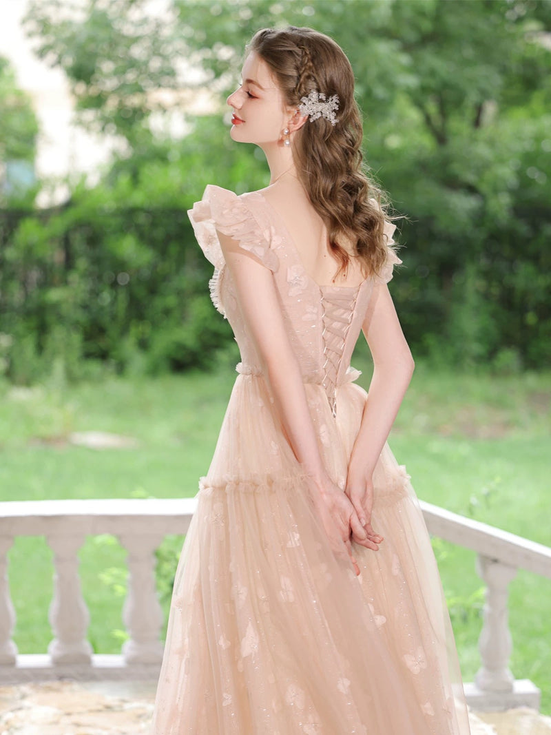 A-Line Tulle Lace Tea Length Pink Prom Dress, Pink Lace Formal Dress