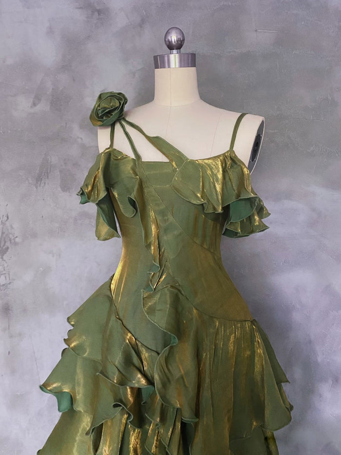A-line Off Shoulder Silk Irregular Ruffles Green Prom Dress