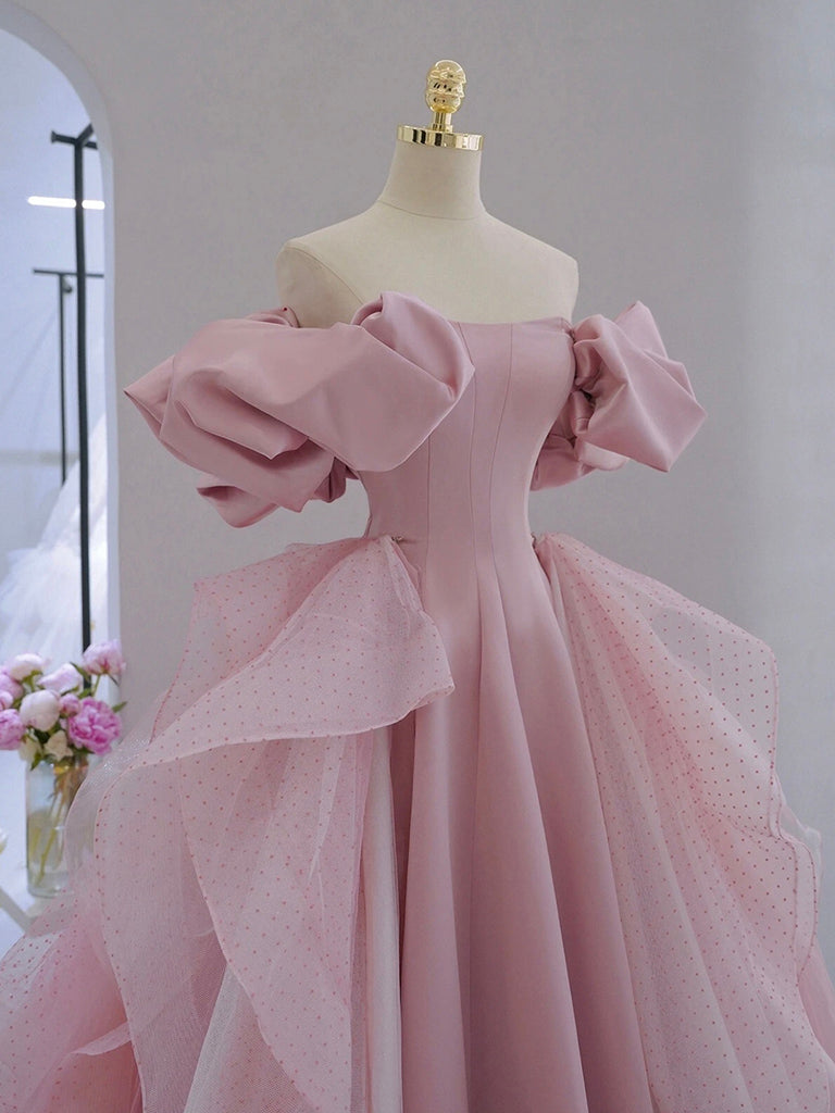 A-Line Satin Tulle Pink Long Prom Dress, Pink Long Evening Dress – toptby