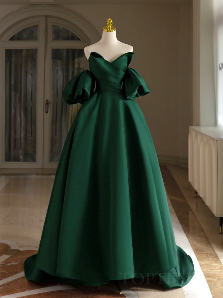 A-Line Off Shoulder Satin Green Long Prom Dress, Green Long Formal Dress