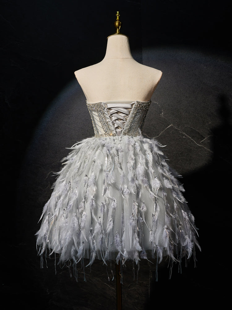 Gray Sweetheart Neck Tulle Beads Feather Short Prom Dress, Cute Gray H toptby Gray Sweetheart Neck Tulle Beads Feather Short Prom Dress, Cute Gray H toptby