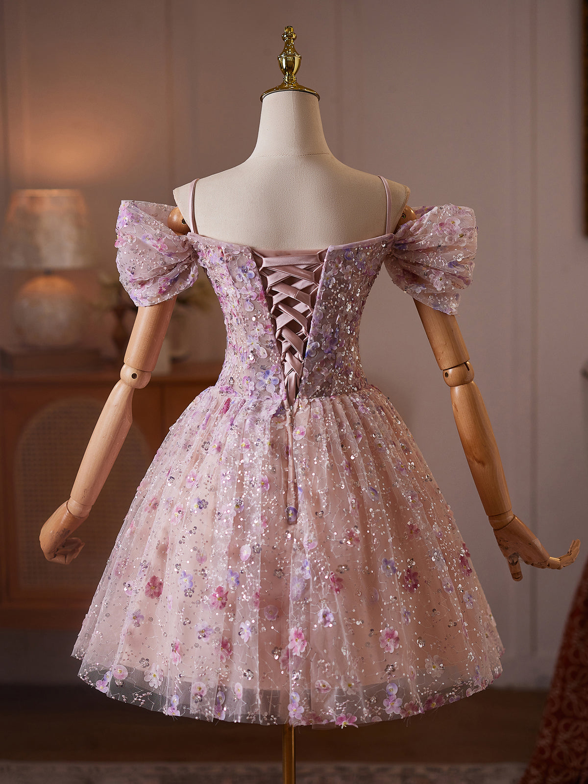 Unique Off Shoulder Tulle Sequin Pink Short Prom Dress with Beads