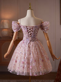 Unique Off Shoulder Tulle Sequin Pink Short Prom Dress with Beads