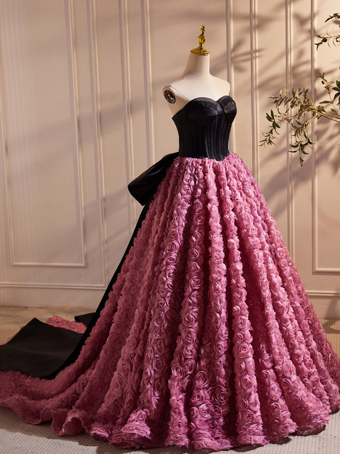 A-Line  Sweetheart Neck 3D Flower Pink Long Prom Dress, Pink Long Formal Dress