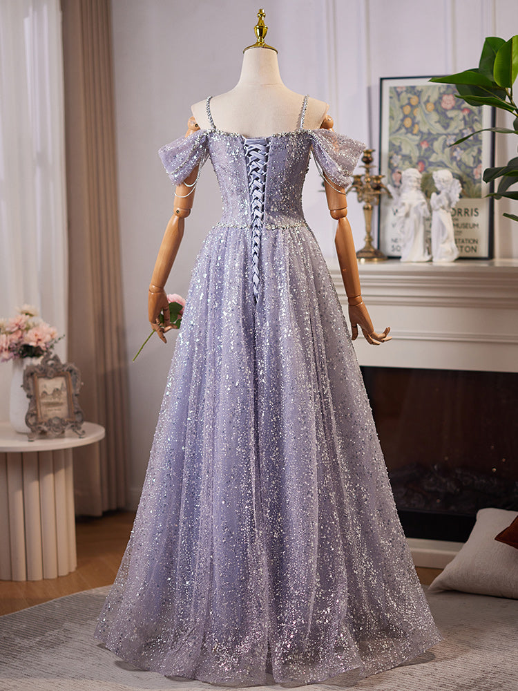 A-Line Sweetheart Neck Off Shoulder Tulle Sequin Gray Blue Long Prom Dress