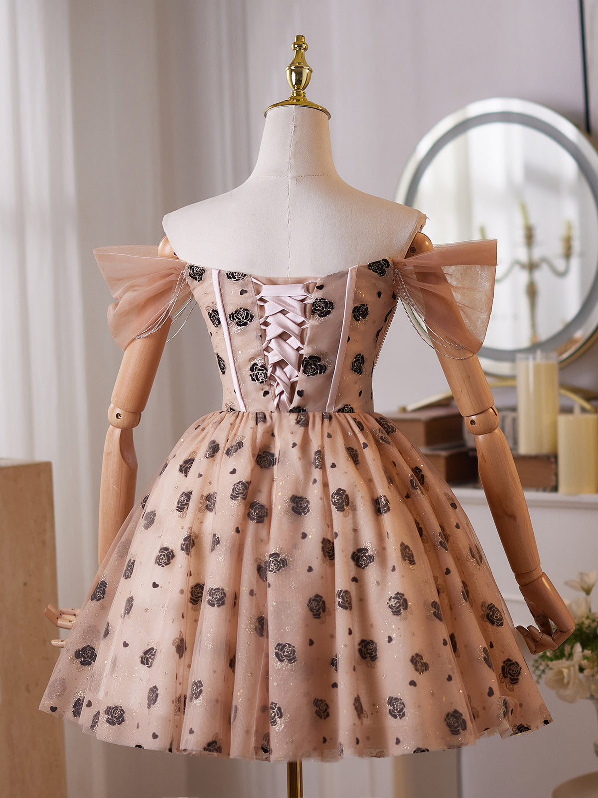 A-Line Off Shoulder Beads Champagne Short Prom Dress, Champagne Homecoming Dress